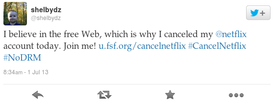 I believe in the free Web, which is why I canceled my @Netflix account today. Join me! http://u.fsf.org/cancelnetflix  #CancelNetflix #NoDRM