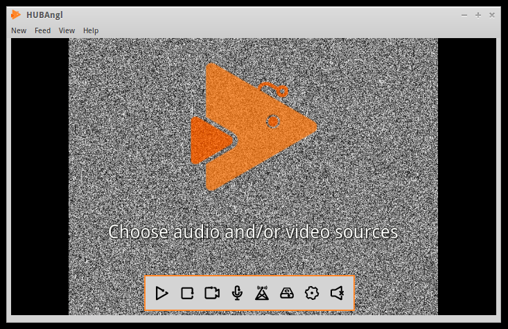The welcome screen for the HUBAngl video streaming package. The background is black and white static, with an abstract illustration of a humpback anglerfish, orange in color, with a single antennae at the top. The caption on the screen says 'Choose audio and/or video source'.