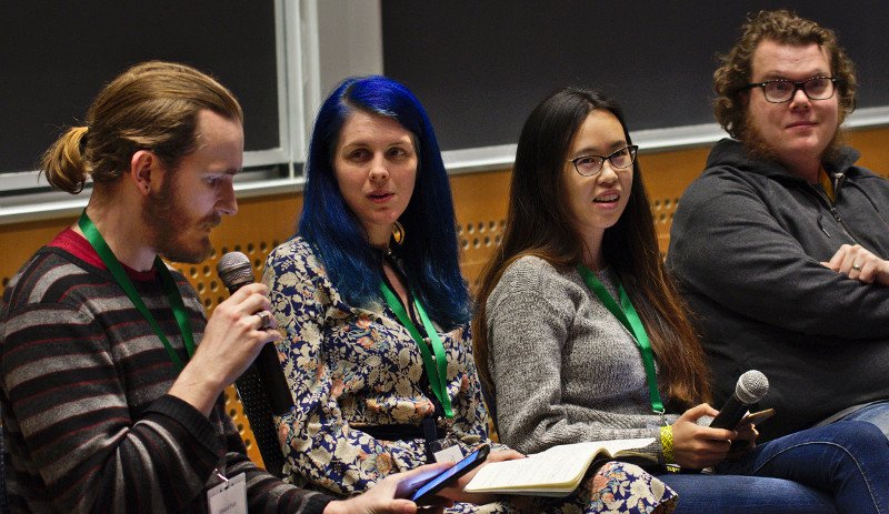 [ Edward Platt, Valerie Young, Christopher Webber, Amy Zhang sitting together as co-panelists at LibrePlanet 2019.  ]