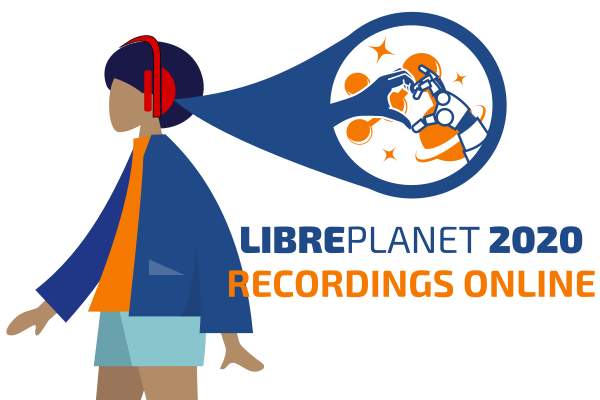 [ Illustration of a woman listening to a LibrePlanet recording. ]
