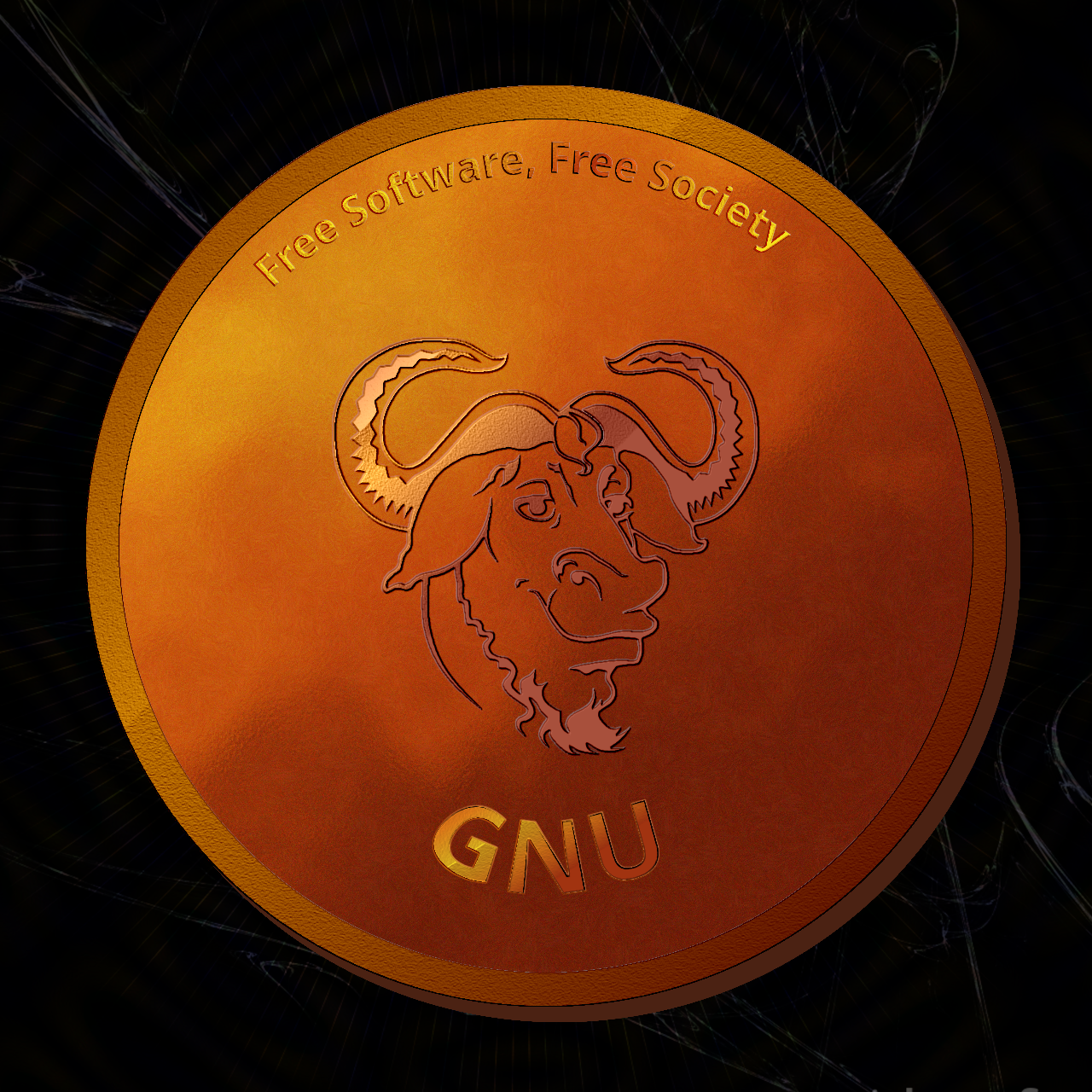 Image of a coin with a gnu on it and saying 'free software; free society'