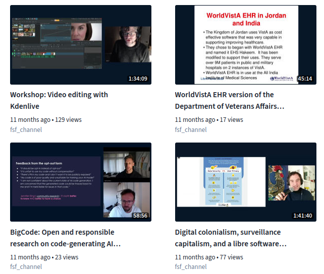 Screenshot of the PeerTube page with workshops about Kdenlive, BigCode, and digital colonialism.