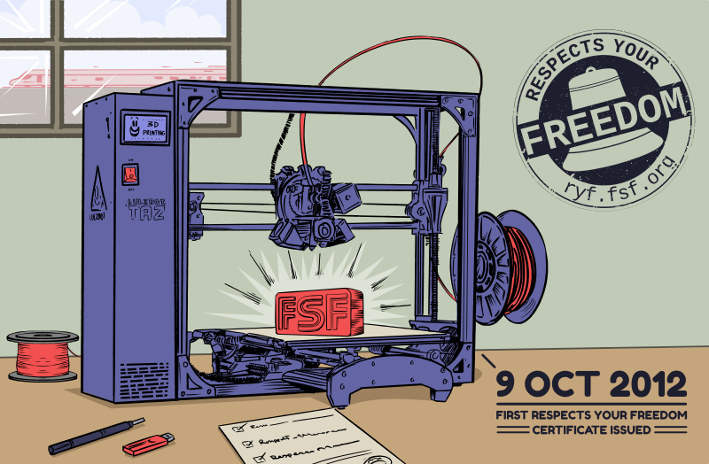 A cartoon drawing of the Aleph Objects LulzBot AO-100 3D Printer, which was the first device to receive RYF certification.