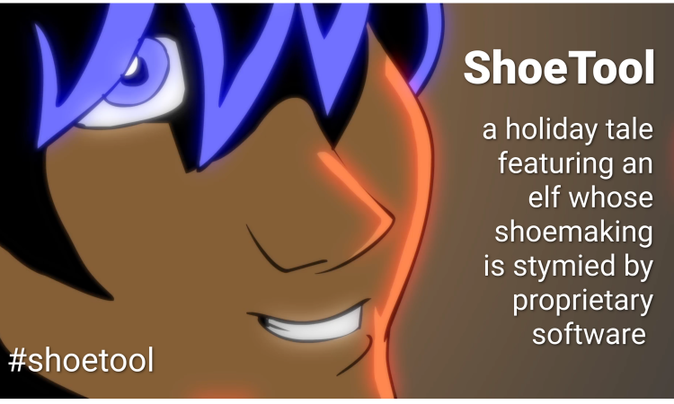 image showing the elf Wendell and a text saying ShoeTool a holiday tale featuring an elf whose shoemaking is stymied by proprietary software