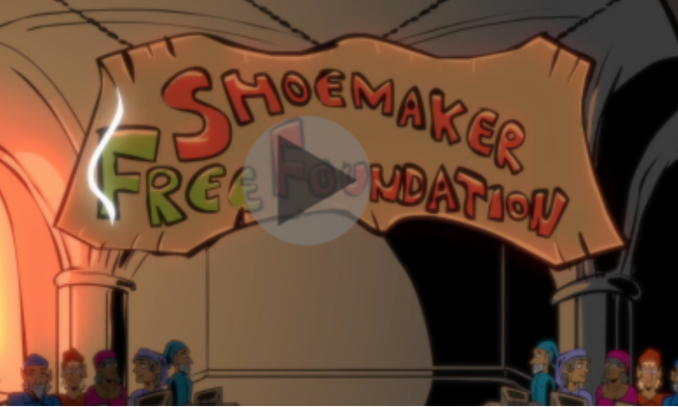 Thumbnail of the ShoeTool animation, featuring a banner that reads 'Shoemaker Free Foundation' and a group of elves on either side standing beside machines.