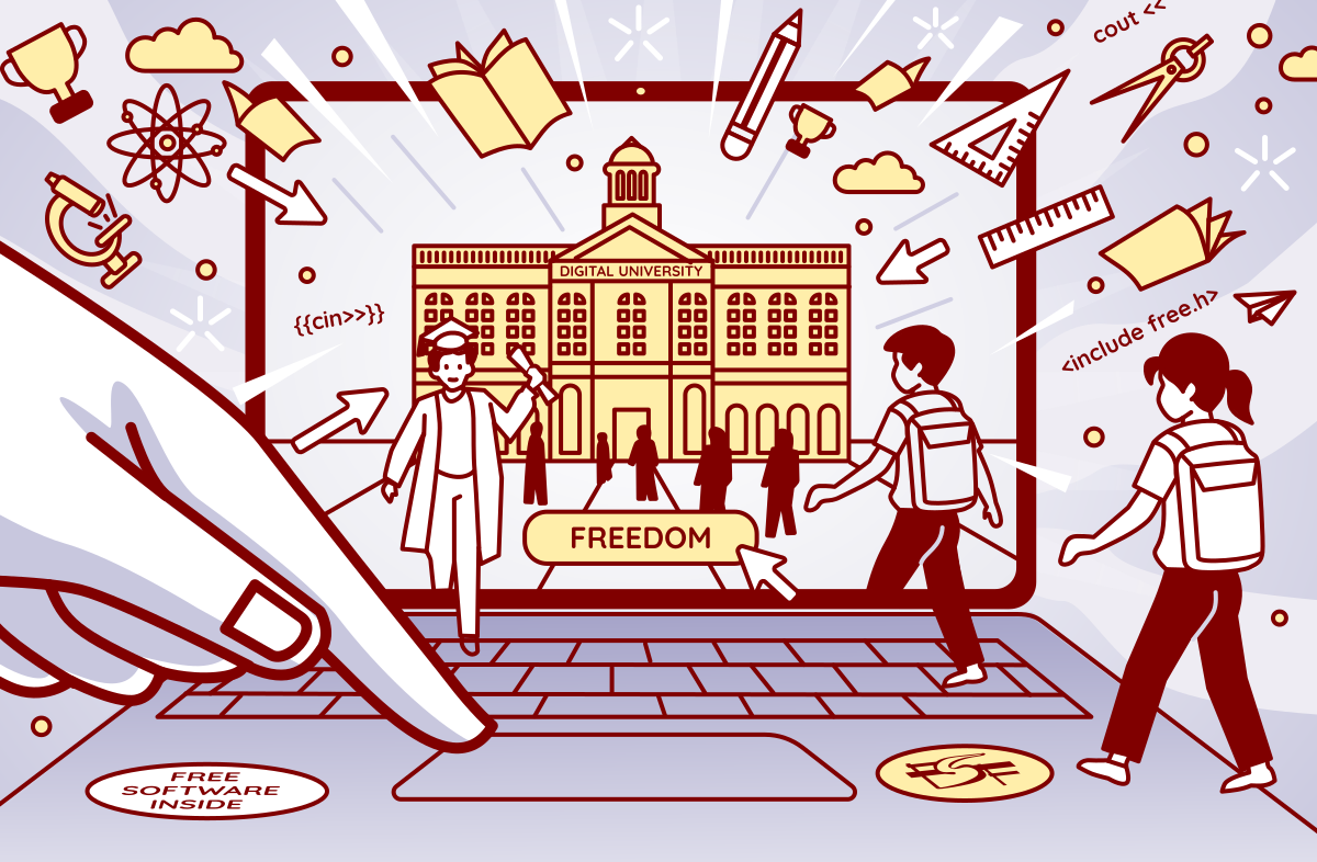 Image d'un ordinateur portable dont l'écran montre un bâtiment universitaire avec des étudiants qui entrent et sortent. Les mots 'Liberté' et 'Logiciel libre à l'intérieur' sont bien en évidence.