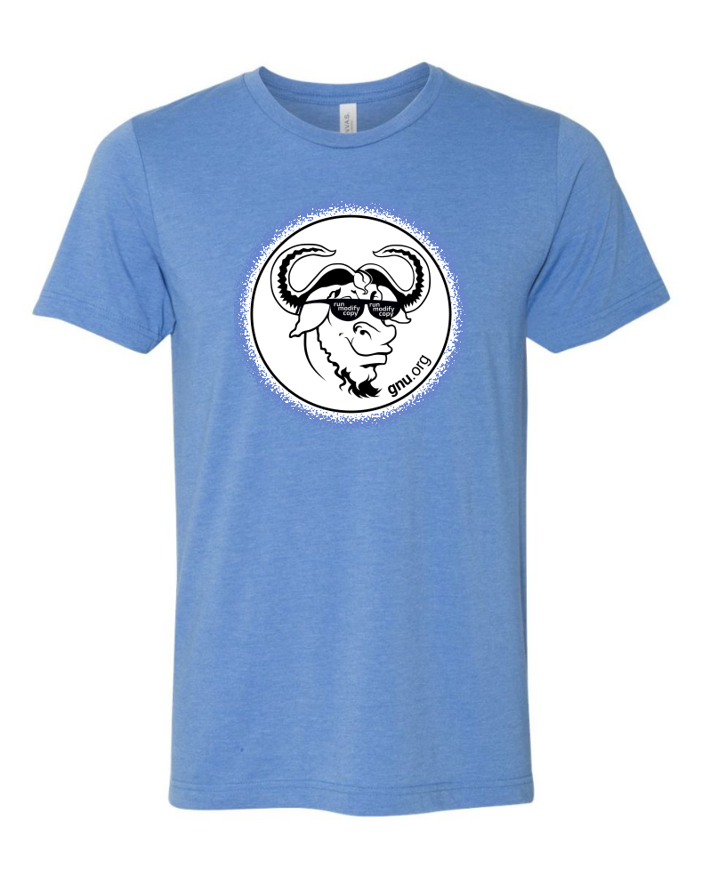 Heather blue T-shirt with a black GNU head in a white circle on the front