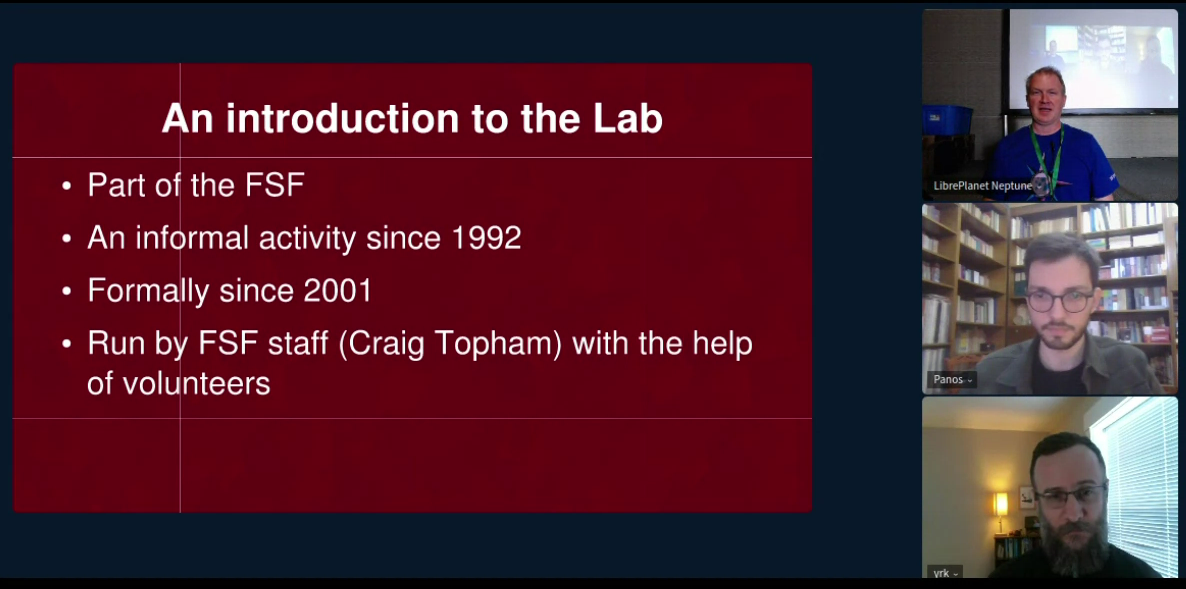 Screenshot showing Craig and two licensing volunteers during the Licensing and Compliance Lab talk at LibrePlanet 2023