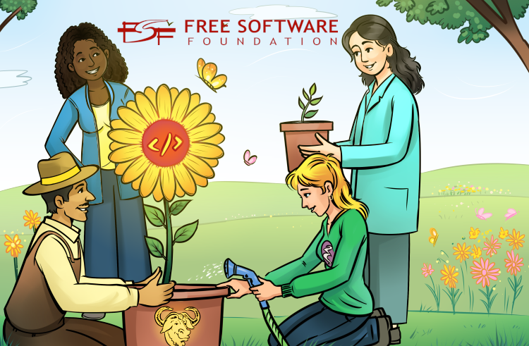 A colorful image showing four people who work together to care for a plant that symbolizes software freedom