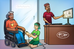 Image showing a person in a wheelchair, a woman connecting the wheelchair to a computer, and a man analyzing the software of the wheelchair
