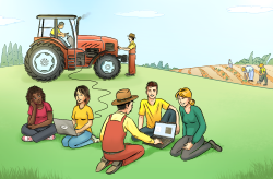 A group of people sitting on a meadow and working together to improve the software of a tractor in the background