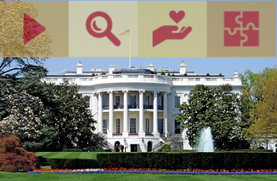 The United States White House with the four icons representing the four freedoms in a row, including: the play icon; a magnifying glass; a hand with a heart over it; and a group of puzzle pieces fitting together.