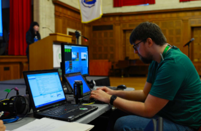 Tech team member Michael streaming LibrePlanet 2024.