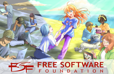 On the left side of the image, a group of people are happily using laptops with free software logos, including BASH and the GNU Head. On the right side of the image, a group of people with expressions of distress are using laptops with symbols resembling proprietary software company logos. In the middle, a person with a FSF t-shirt takes the hands of someone on the darker side, both with smiles on their faces. A table of contents is also on the right side of the image