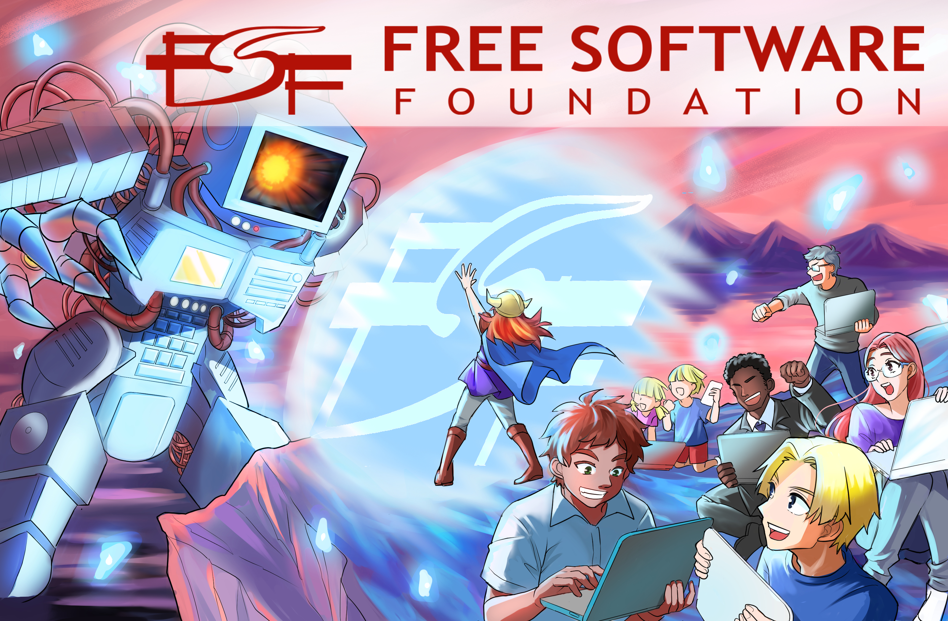 A hero warding off an aggressive robot with a shield that says 'FSF.' This way she protects the happy people with computers behind her.