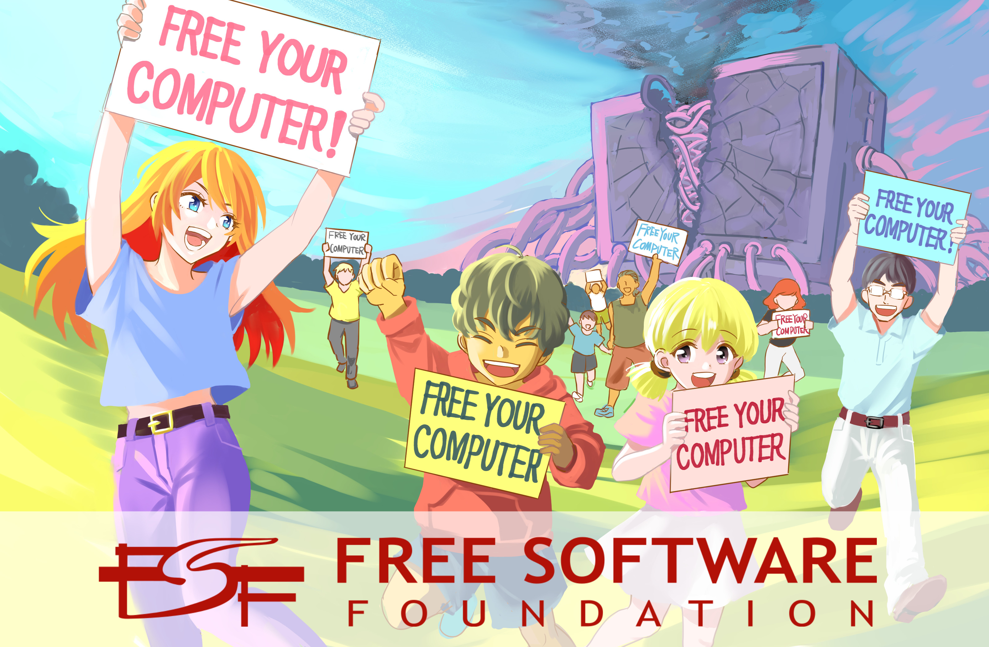 People breaking free from a machine and holding banners that say 'free your computer'.