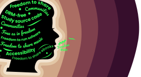 The silhouette of a female head sharing thoughts from their head. Ideas listed: Communities, DRM-free, Study source code, Free as in freedom, Freedom to run software, Freedom to share music, Accessibility, and Freedom to share ebooks.