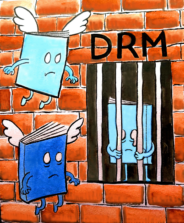 A cartoon of two confused books with wings looking at another book trapped in a prison cell