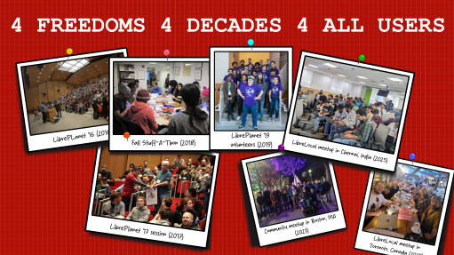 A group of photos of FSF events over the years over a red background with text reading '4 freedoms 4 decades 4 all users' above the photos