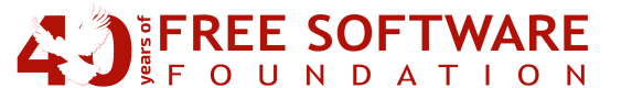 A white background with the number '40' and a white dove flying across it on the leftmost side and on the right side 'Free Software Foundation' in red text