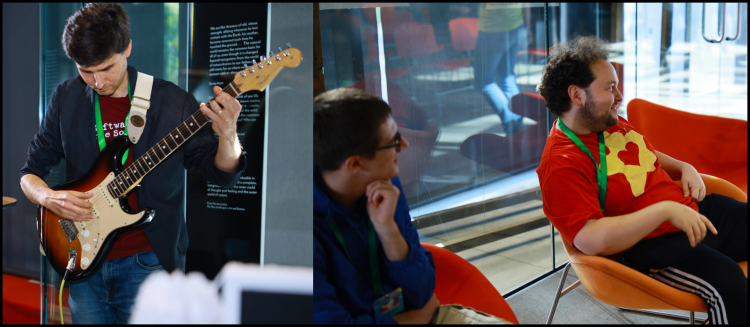 On the left is Devin Ulibarri playing guitar and on the right
    is Zack and Ryan Petroff 