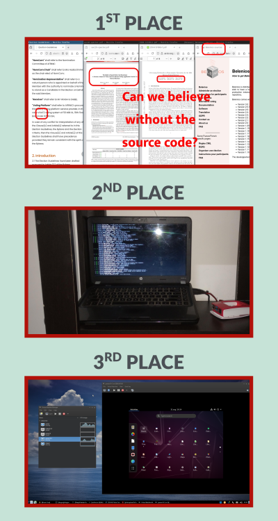 At the top, text reading 'first place' with Benson Muite's 'Can We Believe Without the Source Code' image below; in the middle, with text reading 'second place' above is 'Servers' by datagonerogue; and at the bottom, with text above it reading 'third place' is 'Operating system testing' with all three on a light blue background