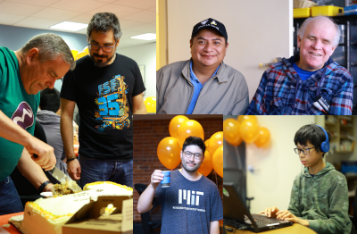 Collage (clockwise from left): FSF president Geoff Knauth (at left) cut the cake for attendees; Trisquel maintainer Rubén Rodríguez (at right) was also in attendance. Two people smile into the camera. A student codes with Music Blocks on a liberated laptop. A guest in an MIT shirt lifts a cup of coffee in a celebratory gesture.