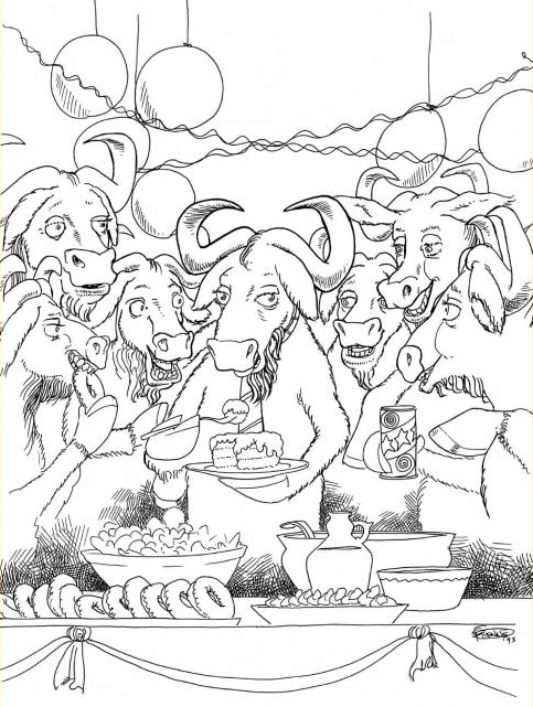 Drawing of seven gnus eating cake and donuts