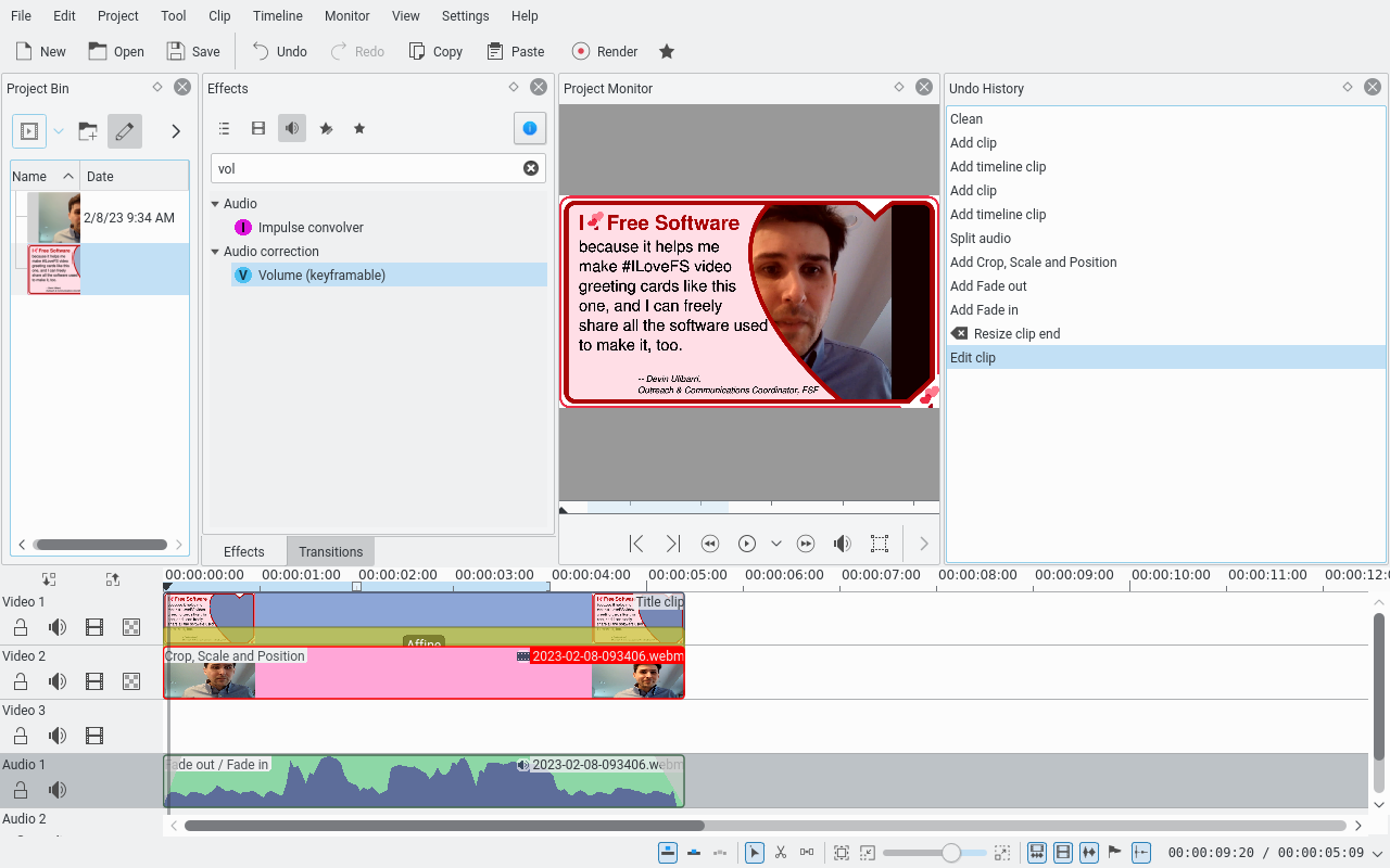 Image of a graphical interface of video editing software. At the top are menus; at the left are video clips; in the middle is an image of a person framed by a heart. Click the link to watch and listen to the how to video.