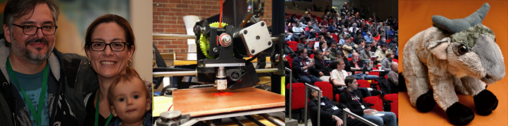 A banner image with four photos: a family, a 3d printer, the audience at LibrePlanet 2015, and a small, stuffed gnu.