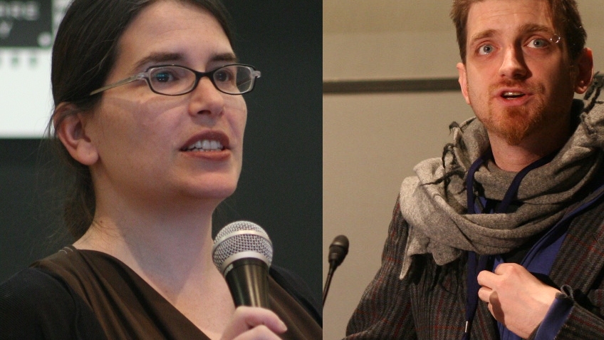 [ Karen Sandler and Mako Hill speaking at previous LibrePlanets ]