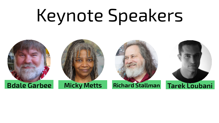 [ A banner with photos of the LibrePlanet 2019 Keynote Speakers - Bdale Garbee, Micky Metts, Richard Stallman, and Tarek Loubani. ]