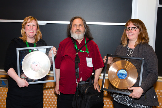 Richard Stallman with Free Software Awards winners Deborah Nicholson and Kate Chapman