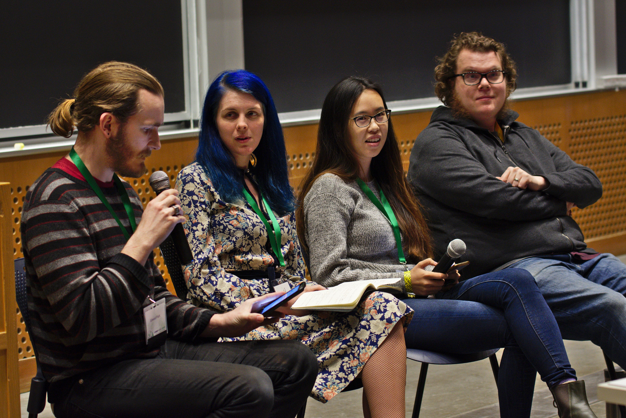 [ Edward Platt, Valerie Young, Christopher Webber, Amy Zhang sitting together as co-panelists at LibrePlanet 2019.  ]