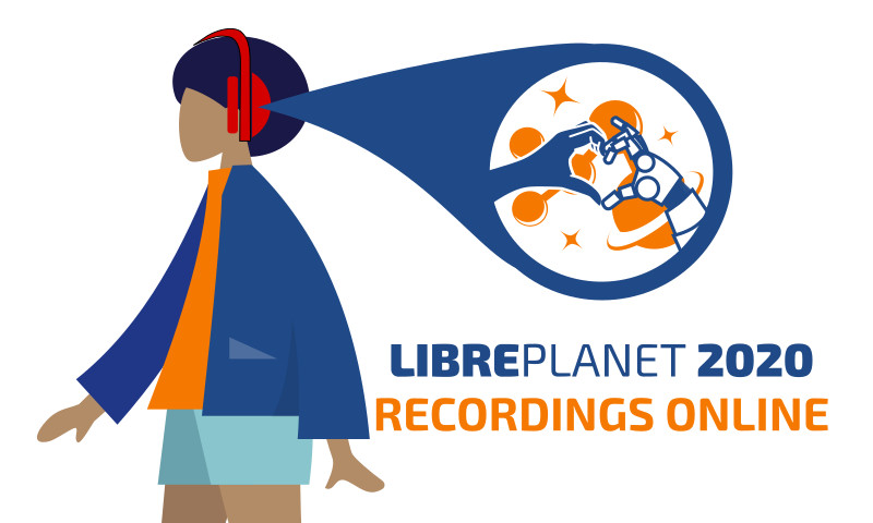 [ Illustration of a woman listening to a LibrePlanet recording. ]