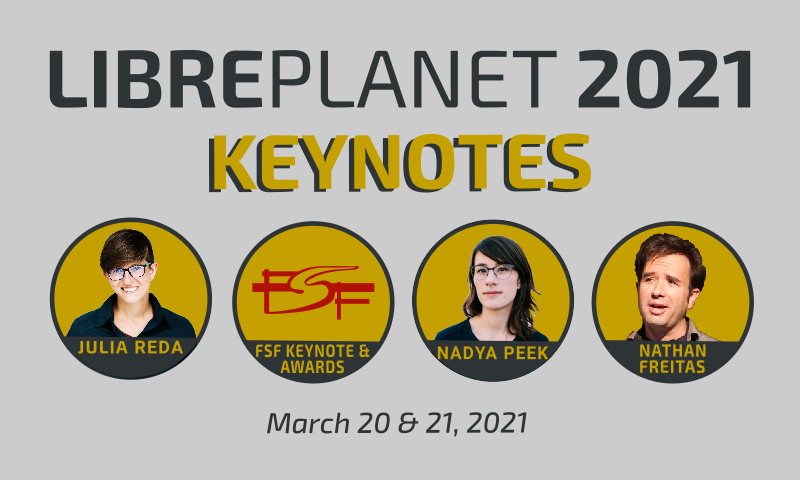 [ Image of LibrePlanet 2021 keynote speakers Julia Reda and Nathan Freitas. ]