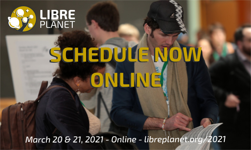 [ Image of two people announcing LibrePlanet 2021 schedule release. ]