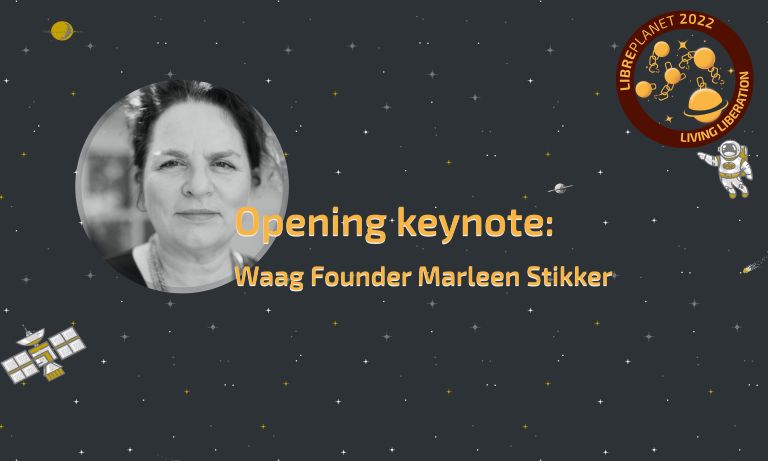 [ Composed image of Keynote announcement for Marleen Stikker with her image in a circle on it. ]