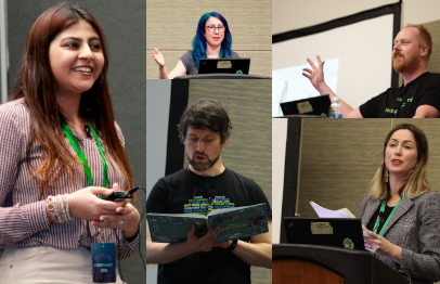 An image showing different speakers while talking at LibrePlanet 2023: Srishti Sethi on the left, Elizabeth Chamberlain and Matthias Kirschner in the middle, and Sick Codes and Erin Rose Glass on the right 