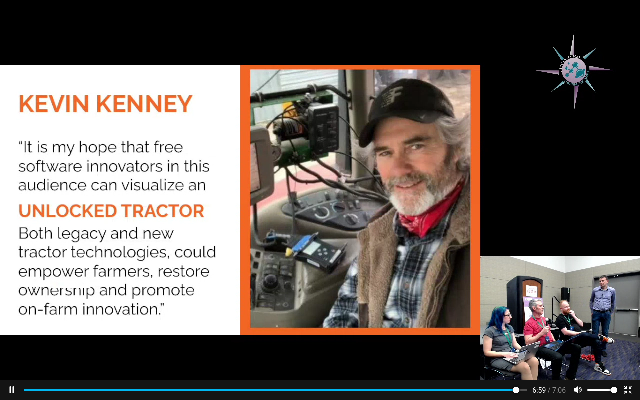 A slide that says Kevin Kenney: It is my hope that free software innovators in this audience can visualize an unlocked tractor.