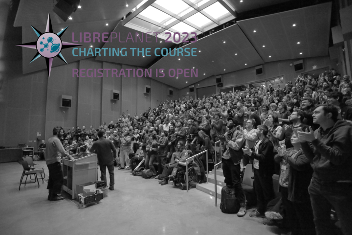 Text that says LibrePlanet: Charting the Course registration is open.