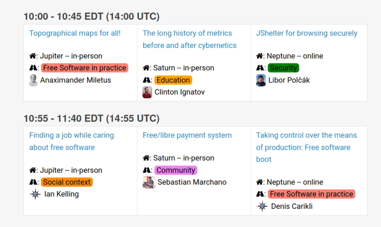 Screenshot of a section of the LibrePlanet schedule showing the following sessions: Topographical maps for all, The long history of metrics before and after cybernetics, JShelter for browsing securely, Finding a job while caring about free software, Life 0.01 - Free software for the end times, and Towards federated forges.