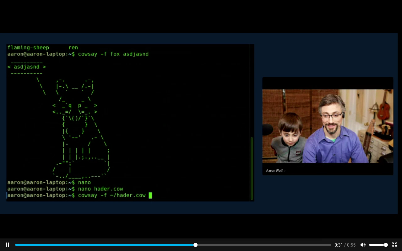 An image of Aaron Wolf over Big Blue Button with his son. At right, there is an ASCII fox in the terminal with various commands typed out.