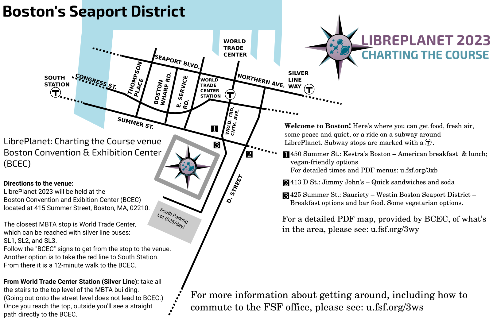 Simple map of the area surrounding the Boston Convention and Exhibition Center, including basic route instructions