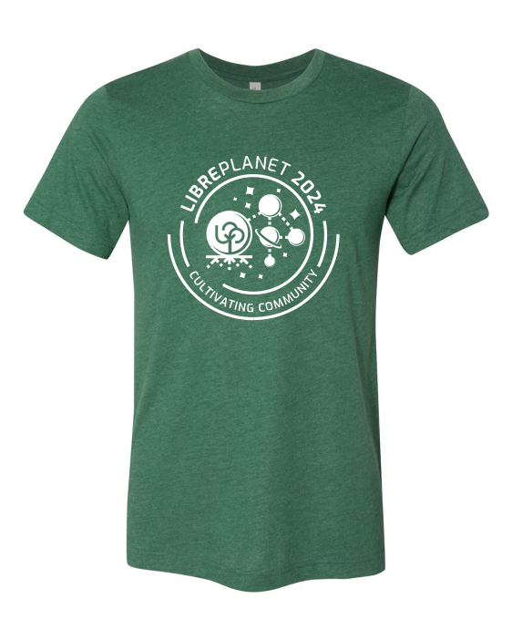 Image of a heather green T-shirt with the LibrePlanet 2024 logo printed on the front in white