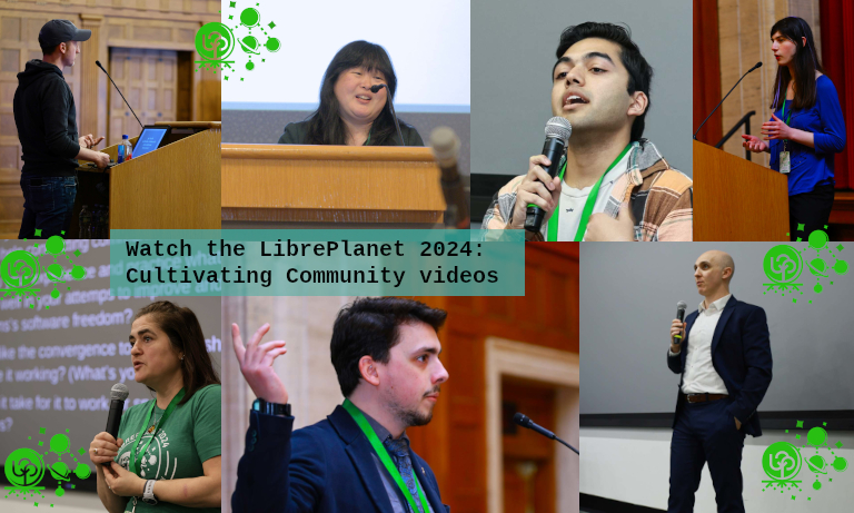 [ Collage of photos of seven LibrePlanet 2024 speakers: David Wilson, Hayley Tsukuayama, Amit Shenoy, Alyssa Rosenyweig, Christina Haralanova, Romeo S, and Ciarán O'Riordan .]