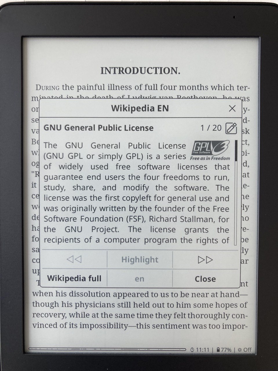 An image of Kobo reader running KOReader and displaying a Wikipedia article of the GNU General Public License.