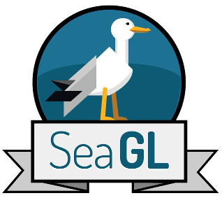 The Seattle GNU/Linux conference logo, a stylized seagull in a profile view, on a blue background. This image is released under a Creative Commons 0 license.