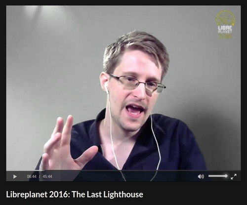 A screenshot of Edward Snowden delivering his talk remotely at the LibrePlanet 2016 conference.