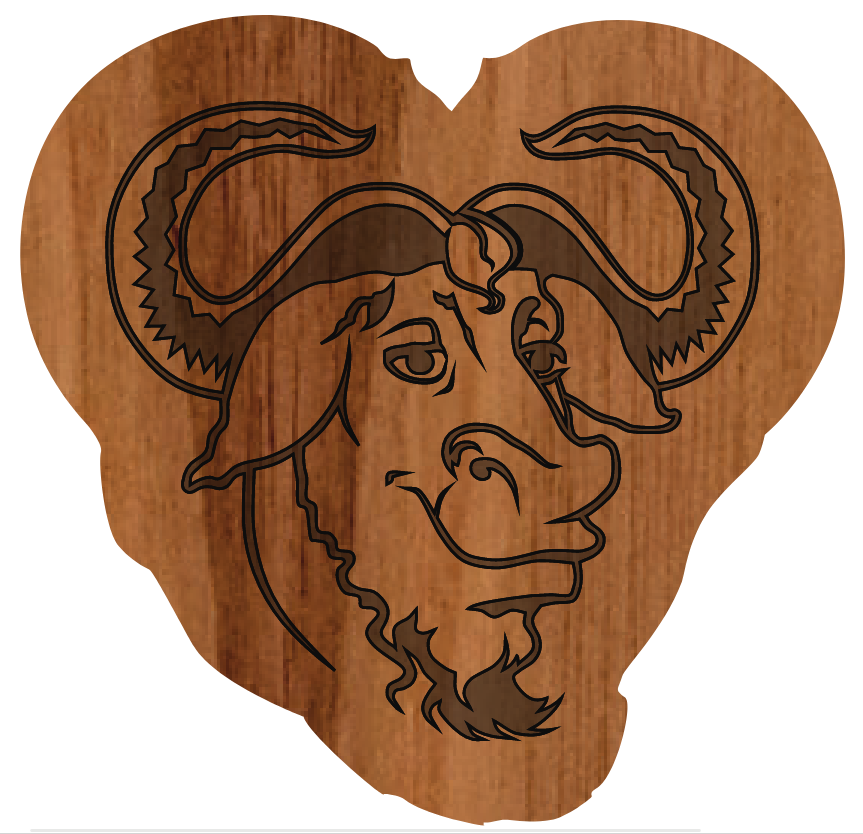 A GNU head lasered on walnut wood